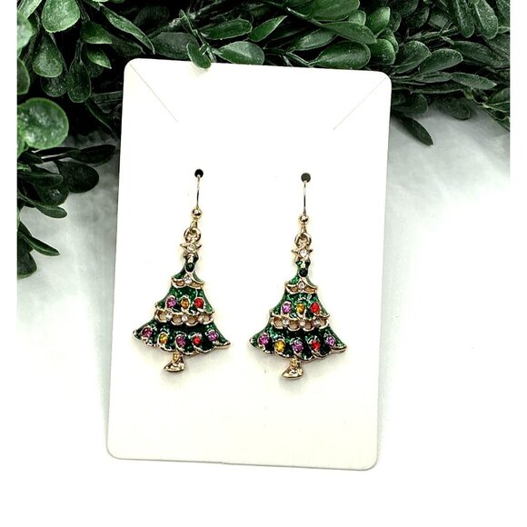Christmas Tree Dangle Earrings With Multicolor Rhinestones - Picture 2 of 5